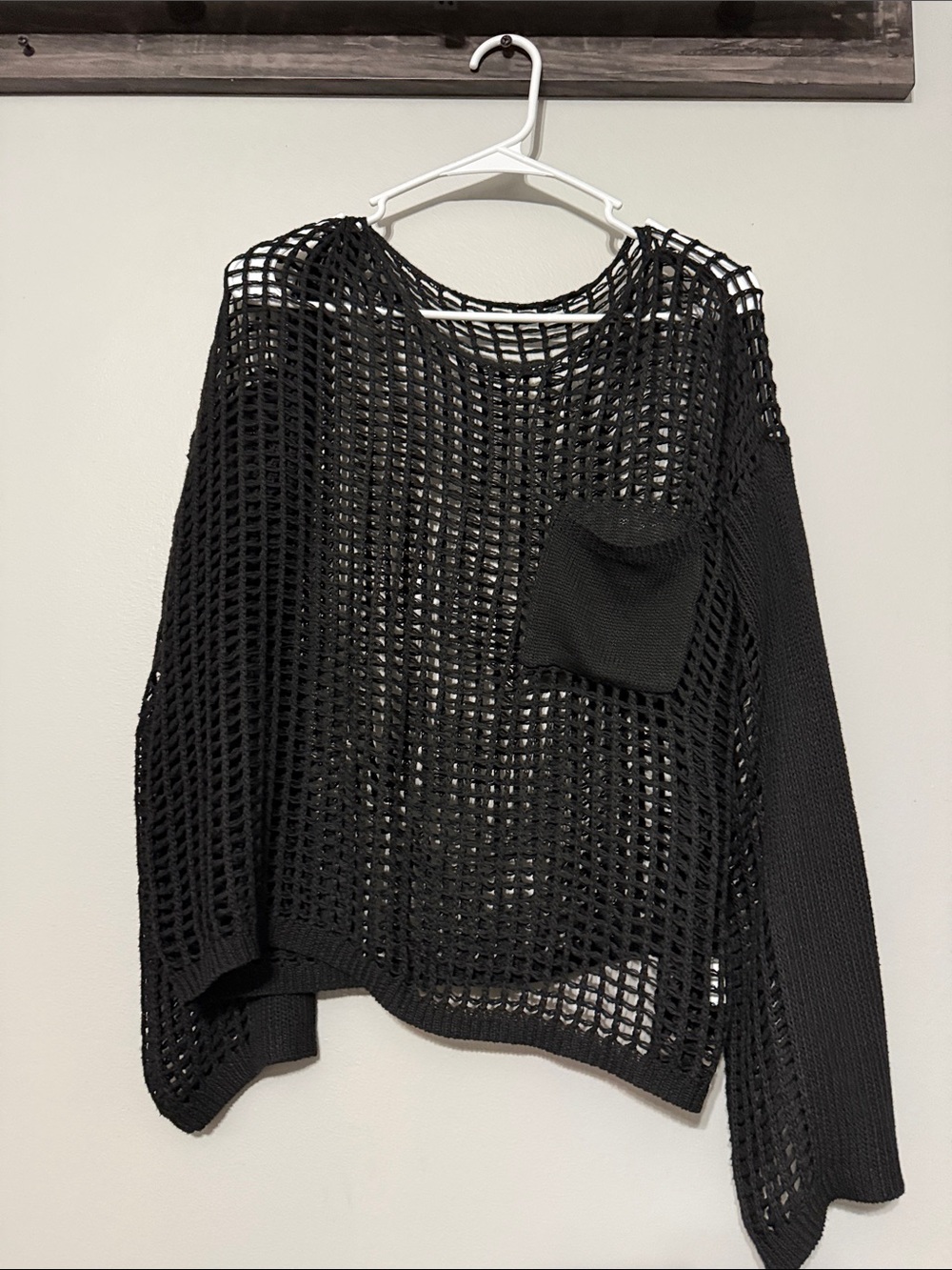 Black Open-Knit Pullover Sweater with Pocket